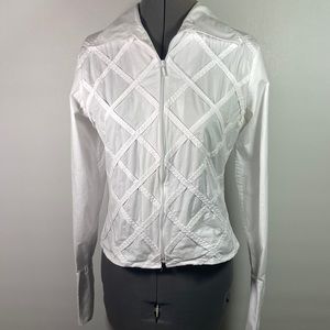 Stern White Zip Front  Criss Cross Design Fold Back Cuffs Blouse Size M